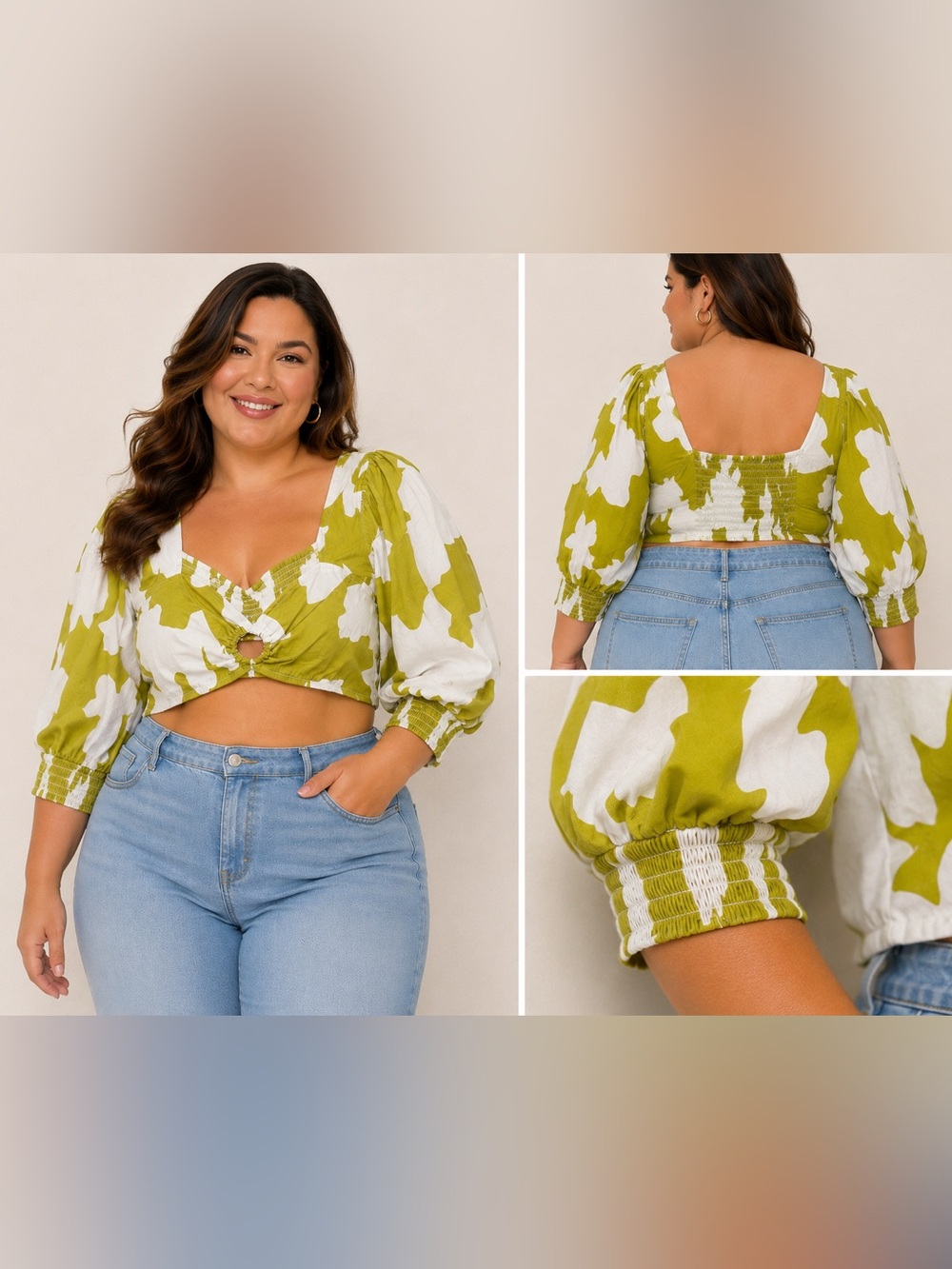 NWT Future Collective x Alani Noelle Green Floral Puff Sleeve Crop Top L